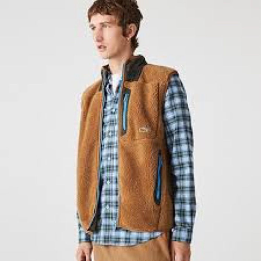Lacoste Tan Fleece Vest with Blue Accents